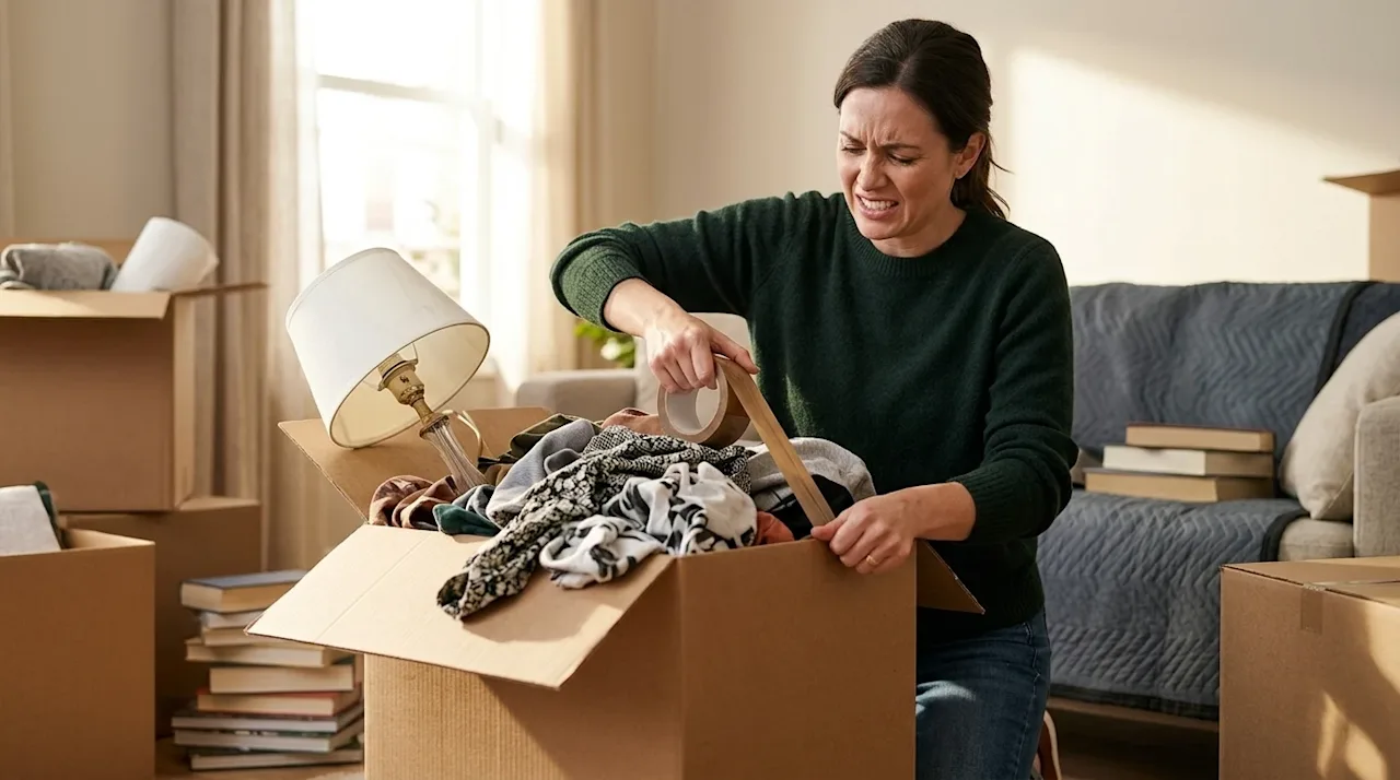 Stressed homeowner struggling to tape shut an overstuffed, messy moving box filled with clothes and a lamp.