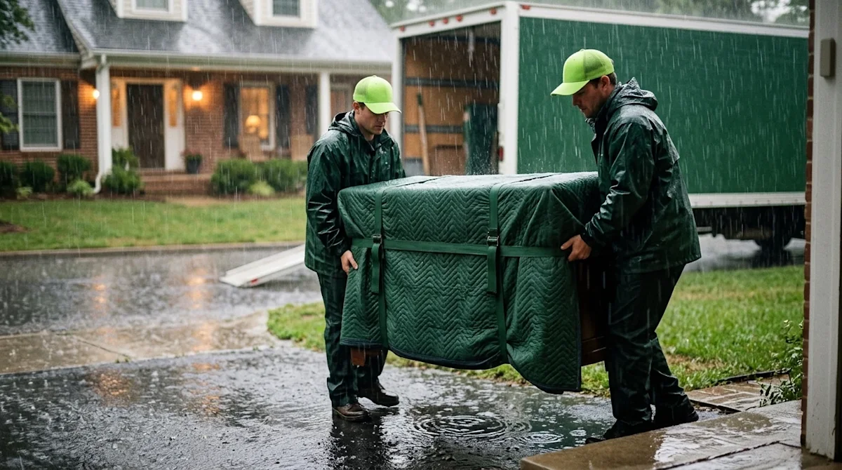 High-quality professional photography of two professional movers carefully carrying a large piece of furniture securely wrapp