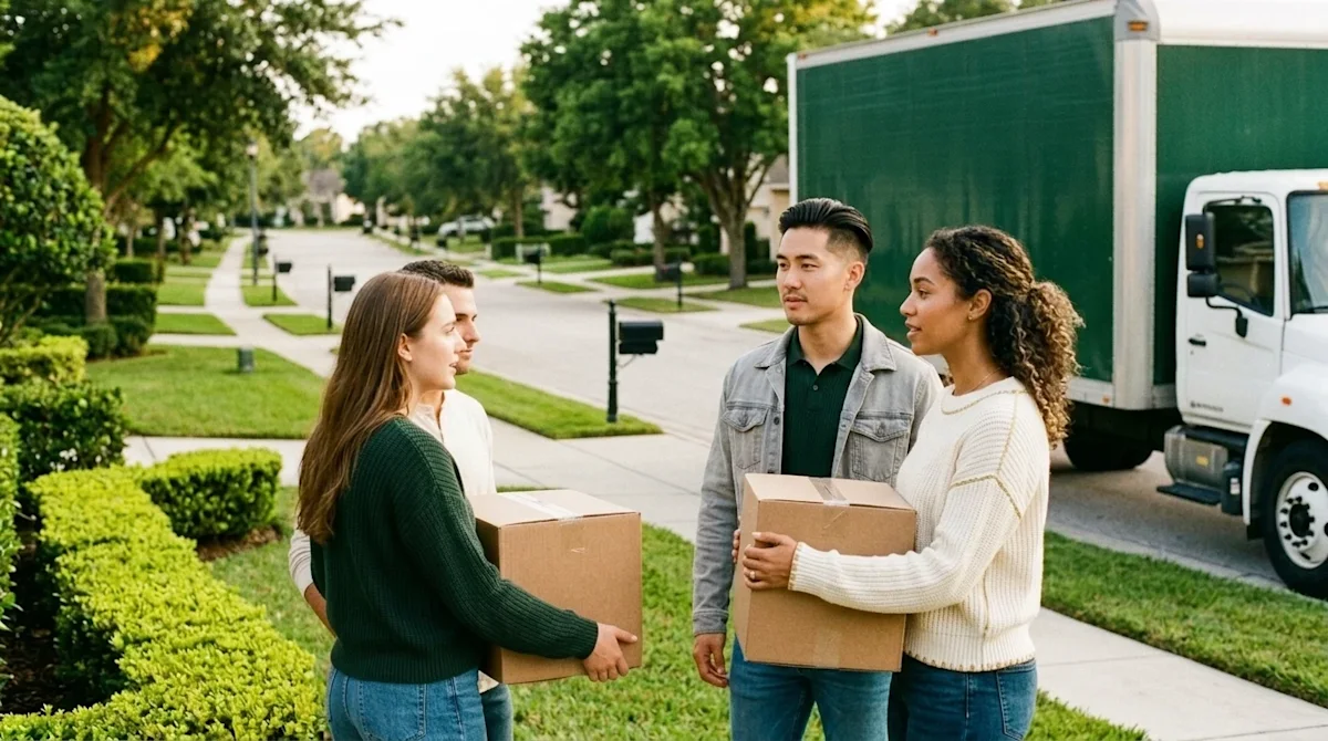 A candid, authentic lifestyle photograph of a young couple standing on the front lawn of a beautifully manicured suburban hom