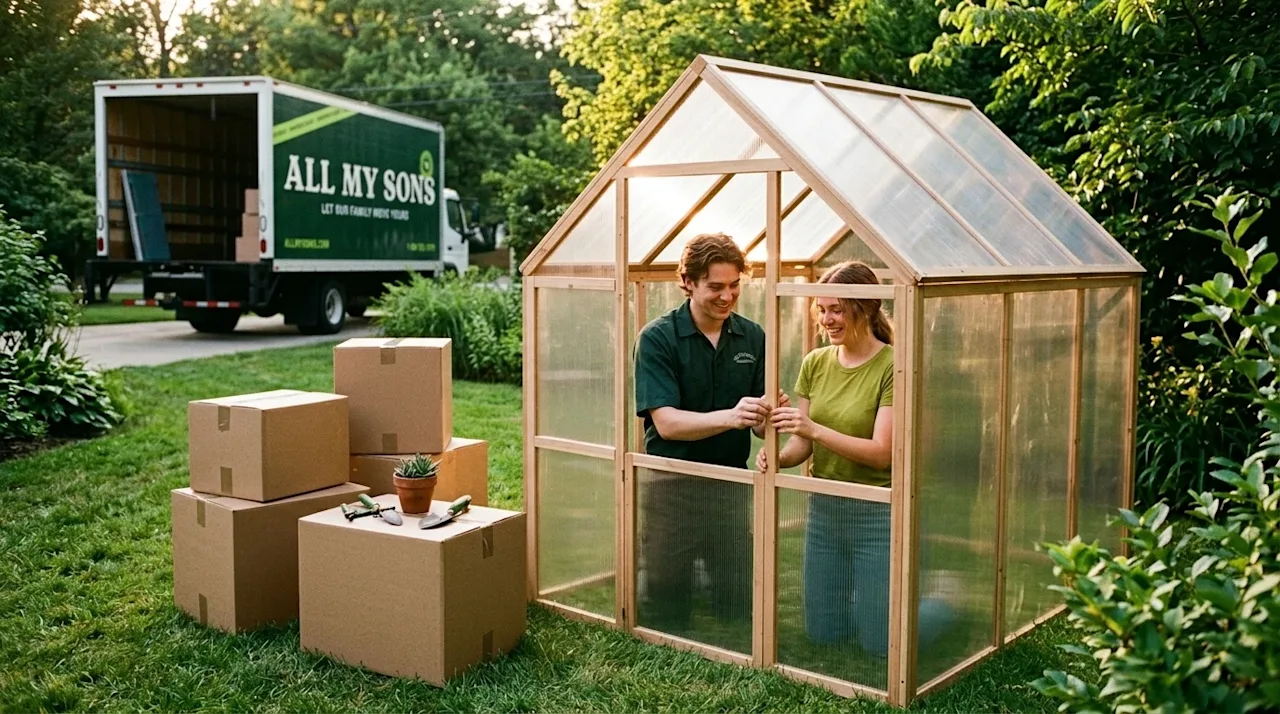 Candid, warm lifestyle photography of a couple happily building a small DIY greenhouse in a lush backyard. The scene is bathe