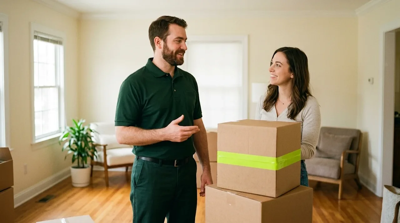 A candid, realistic photograph illustrating professional moving services. A friendly, professional mover wearing a dark fores