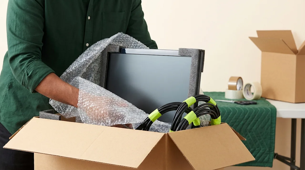 Professional mover packing a computer monitor with bubble wrap and organized cables into a sturdy cardboard moving box.