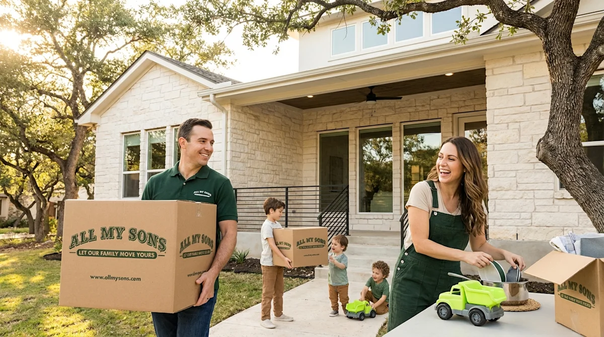 Happy family moving into a South Austin home carrying All My Sons boxes