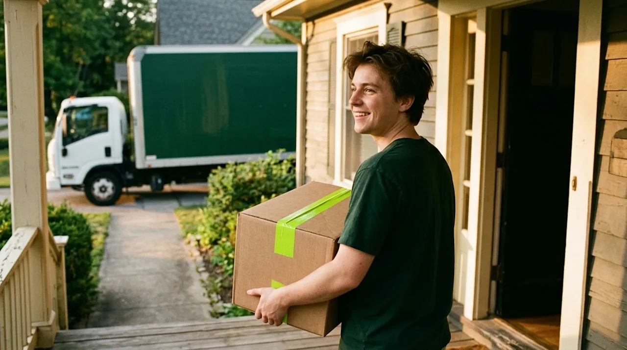 Candid lifestyle photography shot on 35mm film. A young adult in their early 20s standing on the front porch of their childho