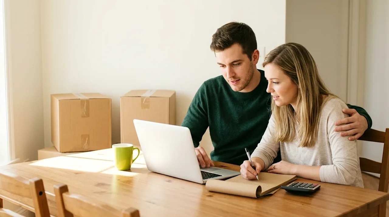 Clear and professional marketing photography of a young, relatable couple sitting together at a warm wooden dining table, act