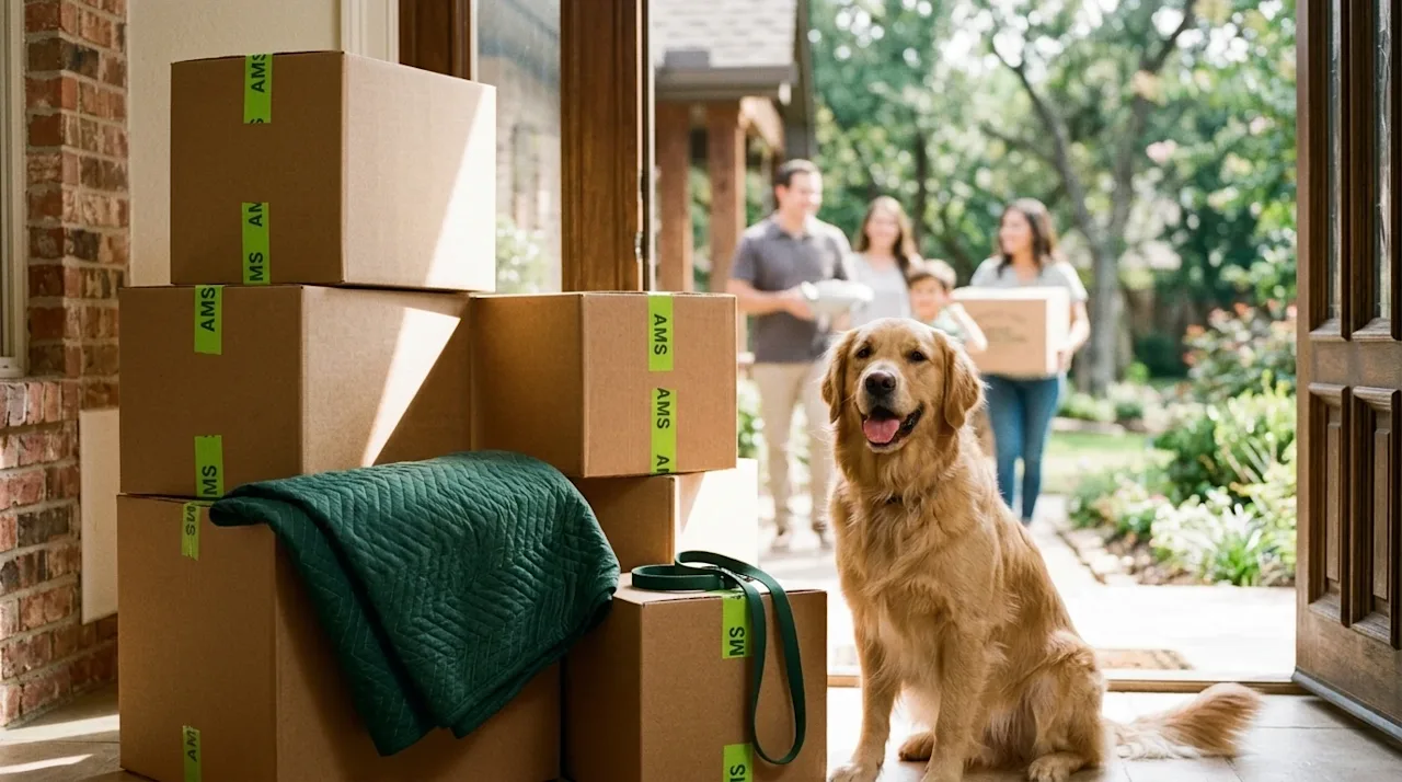 Candid lifestyle photography of a happy, panting Golden Retriever sitting next to a stack of brown cardboard moving boxes in