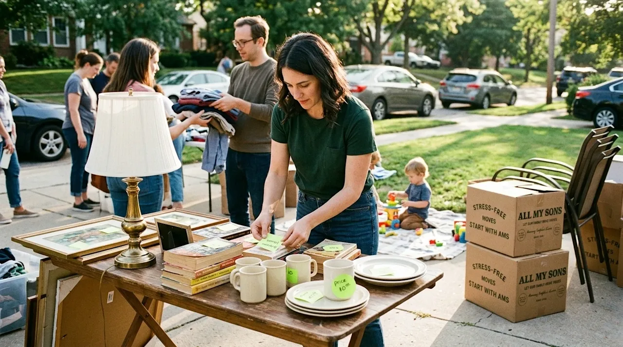 Candid lifestyle photograph of a family organizing a vibrant garage sale in a suburban driveway on a sunny afternoon. A woode