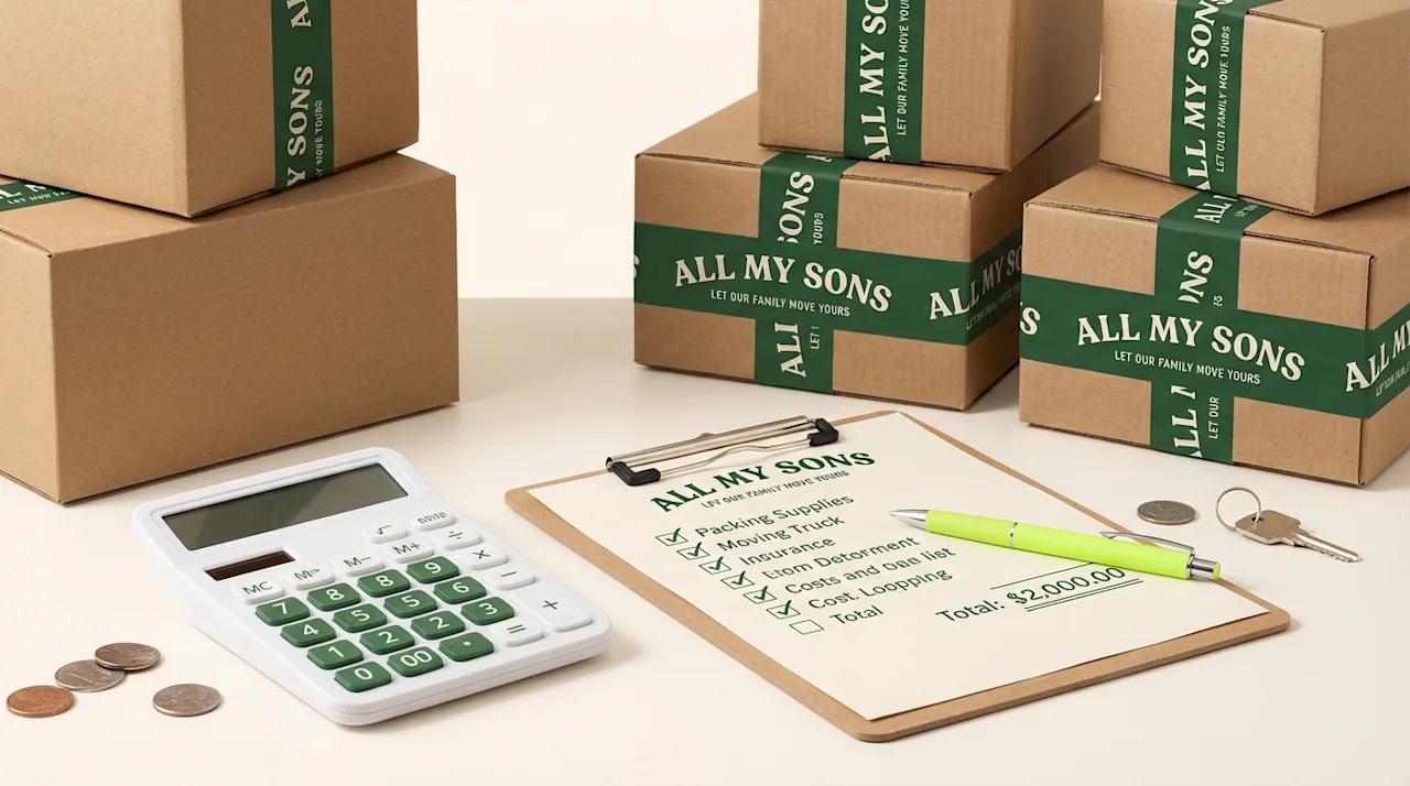 Moving budget checklist with calculator and branded boxes for All My Sons Moving Company.