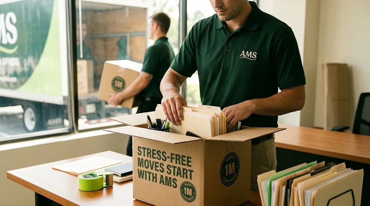 Candid, authentic photography of professional movers relocating a modern business office, a worker wearing a dark forest gree