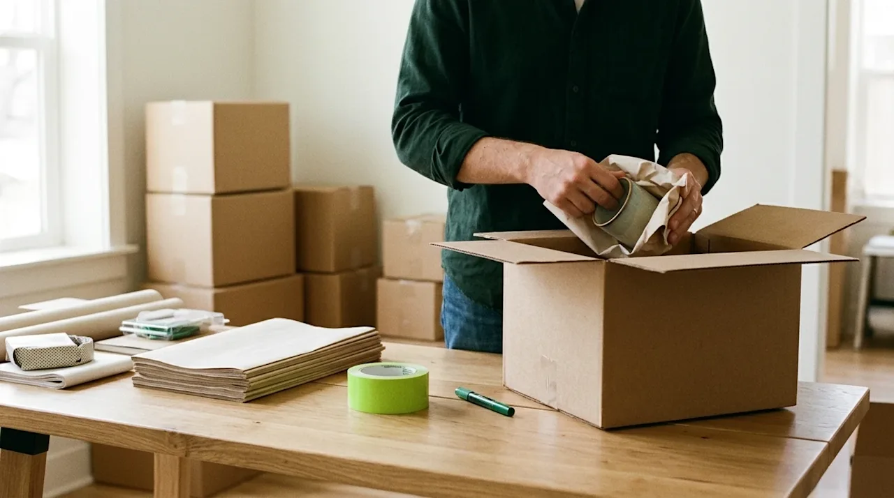 Candid lifestyle photography of a highly organized moving and packing process in a bright, modern home. A neatly arranged pac