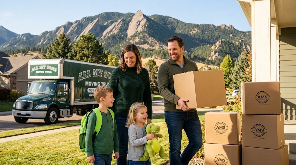 Professional marketing lifestyle photography of a happy family with young children moving into a new home in Boulder, Colorad