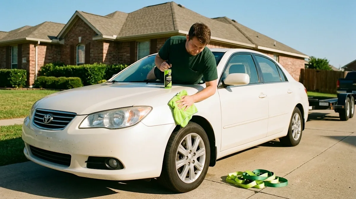 A candid, lifestyle photograph of a person preparing their vehicle for auto transport, set in a sunny, welcoming suburban dri