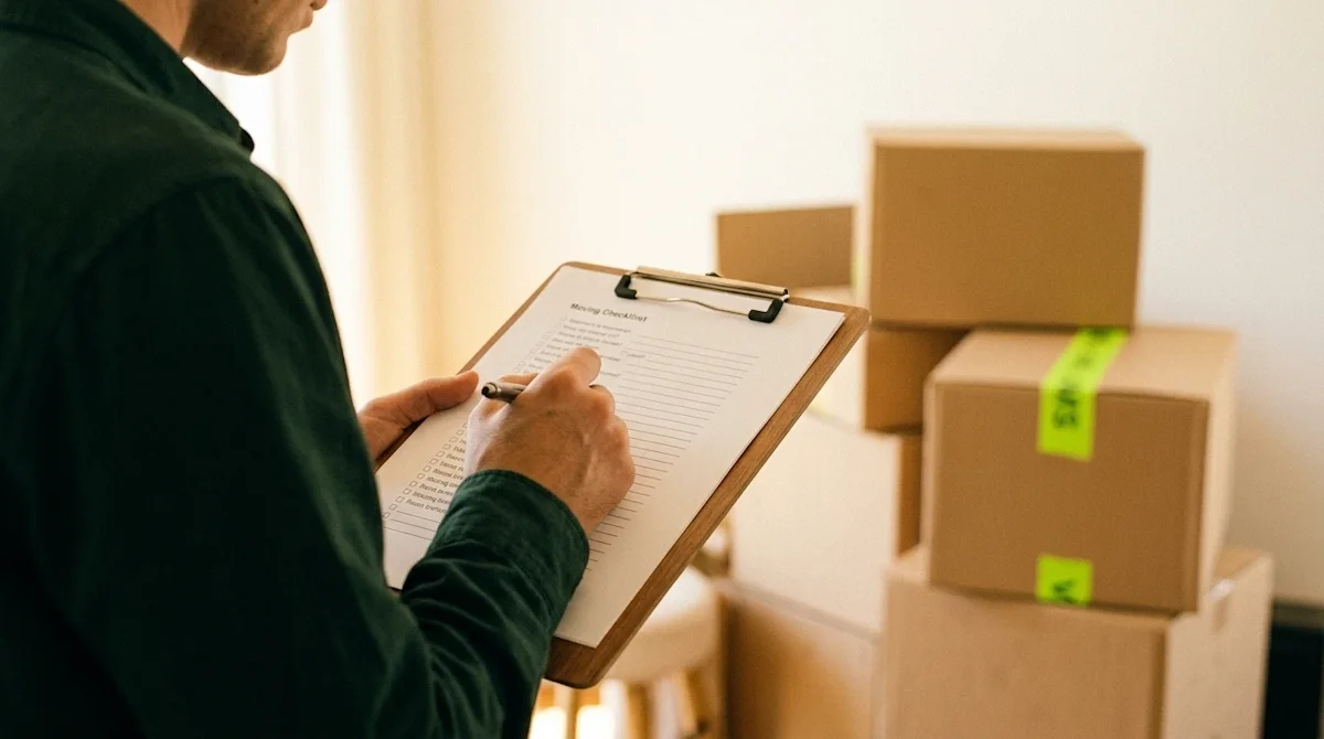 A candid, documentary-style photograph of a person reviewing a moving checklist on a wooden clipboard, holding a pen and poin