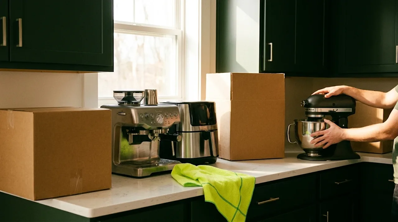 Candid, warm lifestyle photography of a brightly lit, welcoming new kitchen. On the pristine kitchen counter, an assortment o