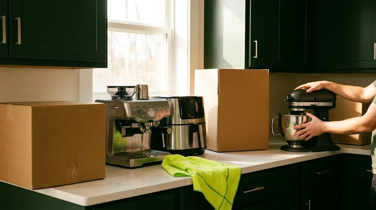 Candid, warm lifestyle photography of a brightly lit, welcoming new kitchen. On the pristine kitchen counter, an assortment o