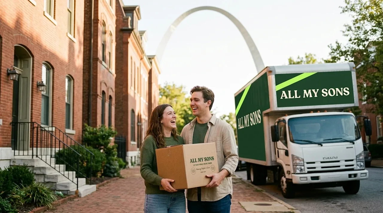 A happy couple holding a brown cardboard moving box, standing on the sidewalk in St. Louis with the arch behind them.