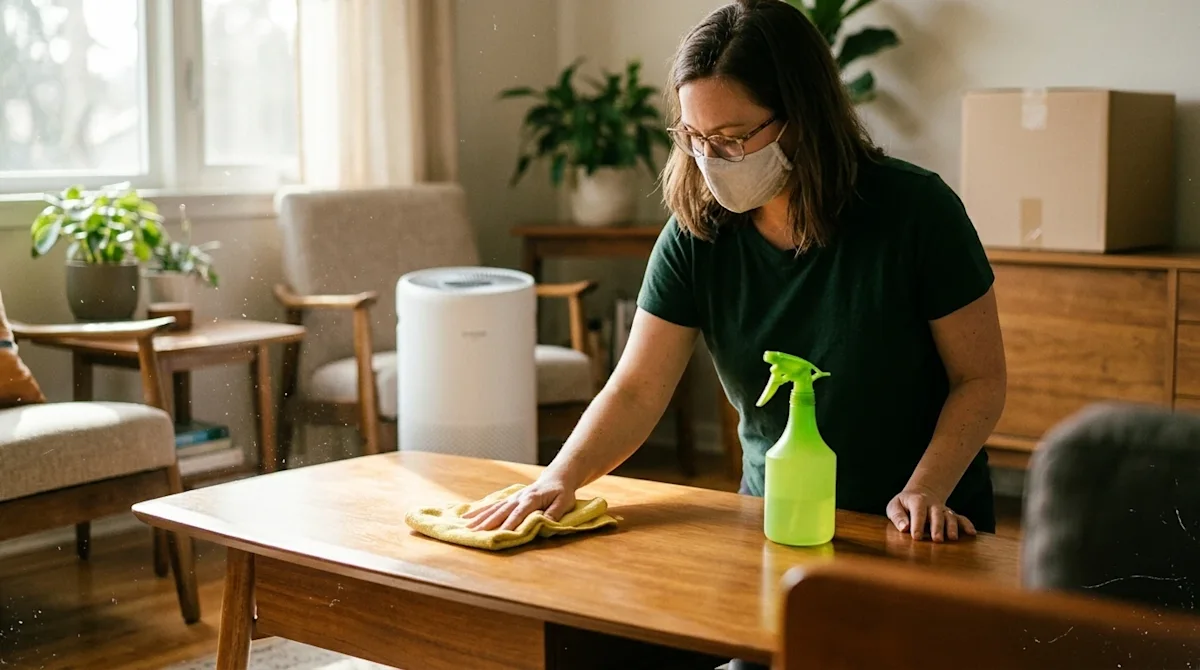 Candid lifestyle photography of a person wearing a casual face mask, carefully dusting a warm wooden coffee table with a micr
