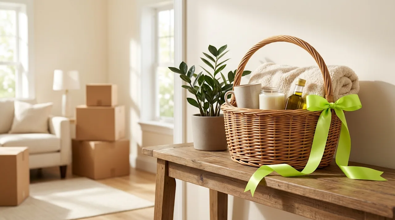 Housewarming gift basket with lime green ribbon on a wooden table, featuring moving boxes in a sunlit new home entryway.