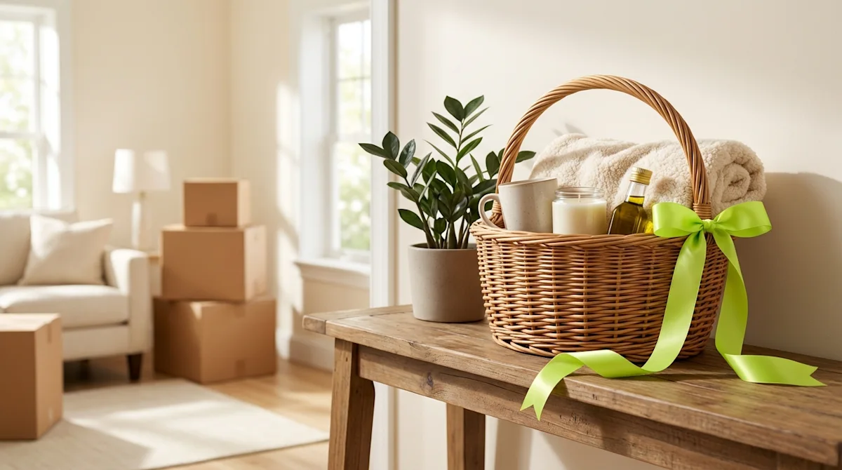 Housewarming gift basket with lime green ribbon on a wooden table, featuring moving boxes in a sunlit new home entryway.