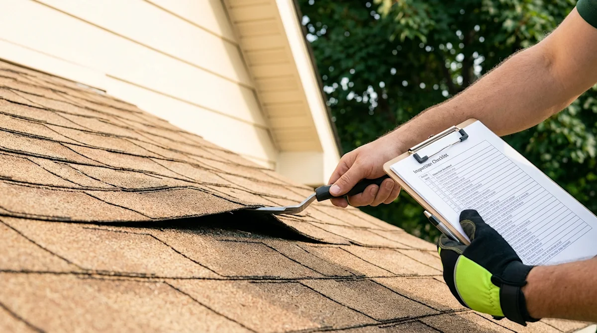 Professional roofing inspector checking damaged shingles on a residential home with an inspection checklist.