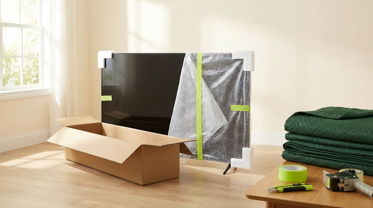 Flat-screen TV protected with foam guards and bubble wrap next to a moving box and green quilted blankets.