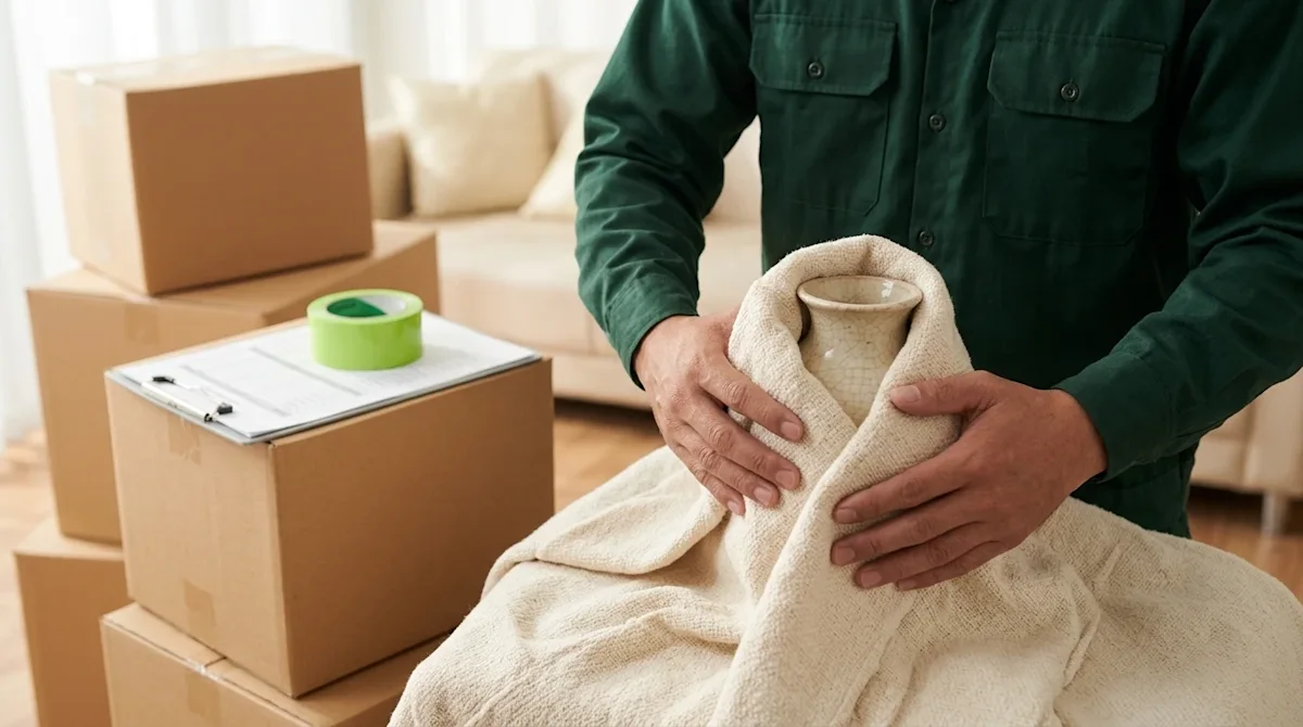 A candid, high-quality lifestyle photograph conveying safety and protection for a moving insurance blog. A professional mover