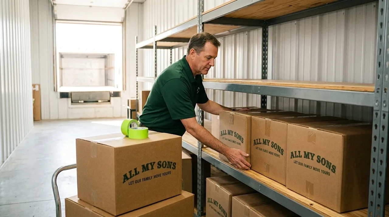 Professional marketing photography of a clean, bright, and modern climate-controlled storage unit interior. A professional wo
