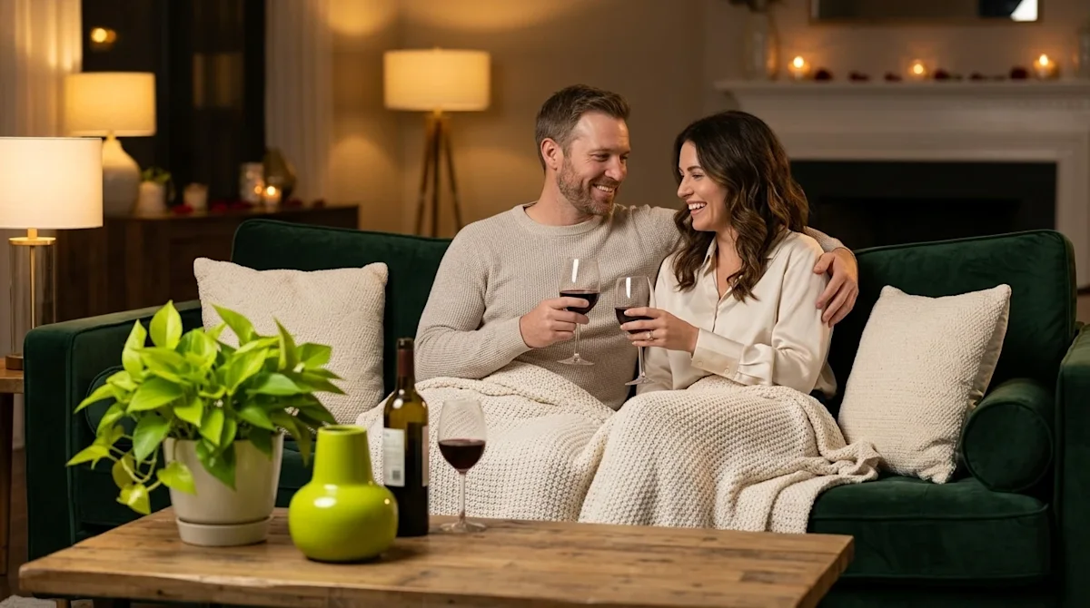Professional lifestyle marketing photography of a happy couple enjoying a cozy, romantic Valentine's Day evening in their hom