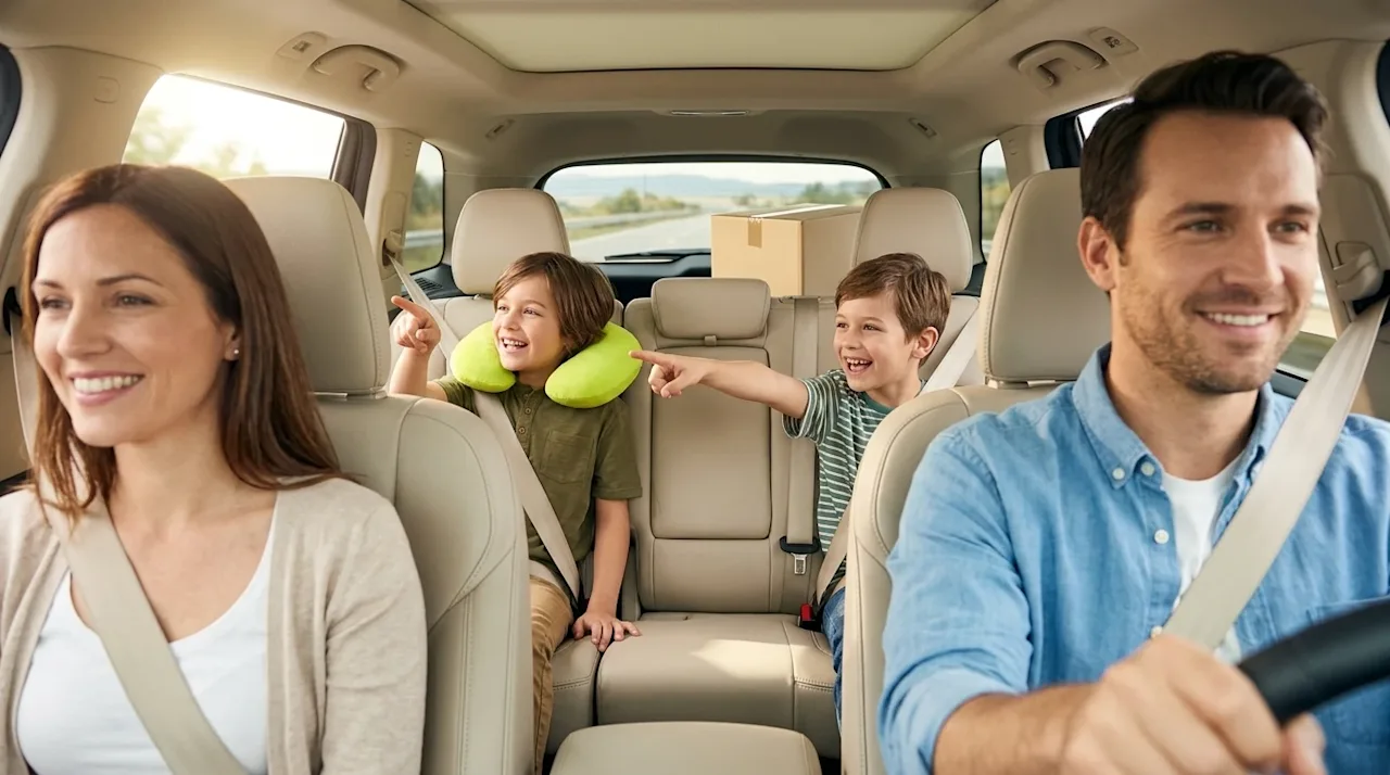 Professional lifestyle photography of a family enjoying a long-distance road trip inside a spacious, brightly lit SUV. In the