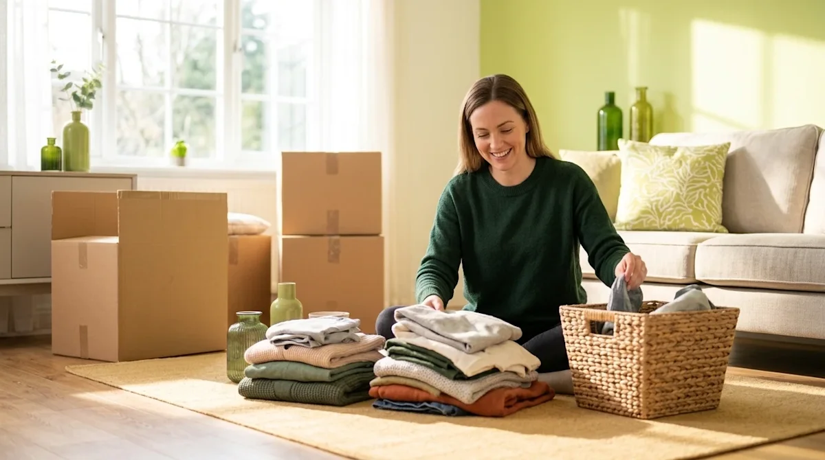 Professional marketing photography of a bright, airy living room where a person is actively decluttering and sorting their be