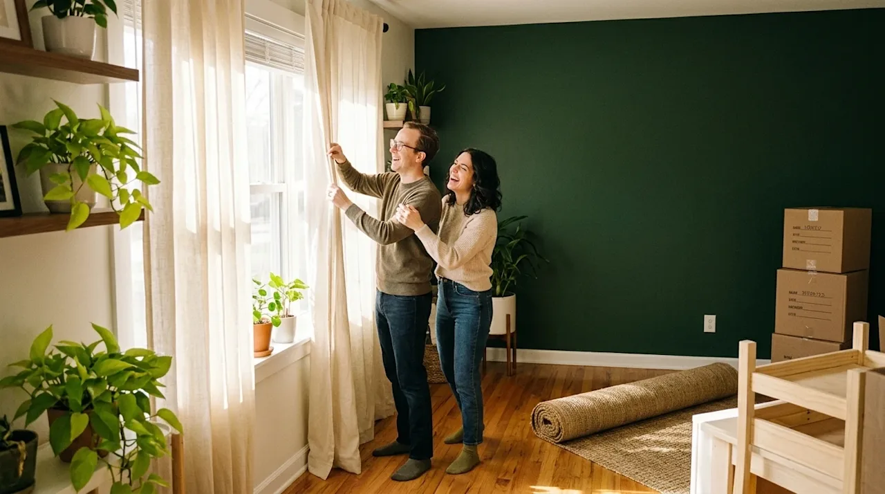 Candid lifestyle photography of a young couple in their newly moved-in home, adjusting soft cream-colored window treatments t
