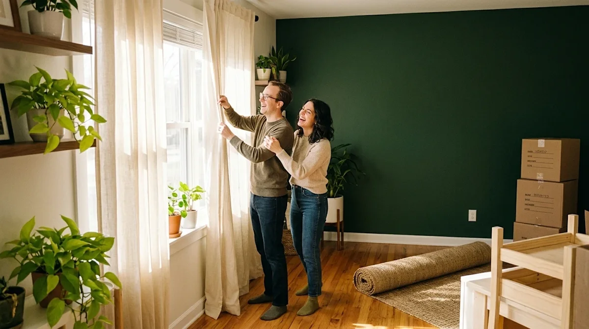 Candid lifestyle photography of a young couple in their newly moved-in home, adjusting soft cream-colored window treatments t
