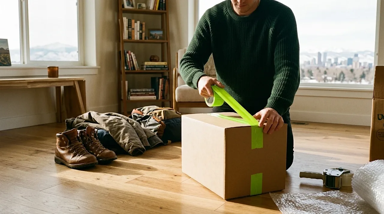 A candid, authentic lifestyle photograph of a person packing for a move in a warmly lit, modern living room. The person is us