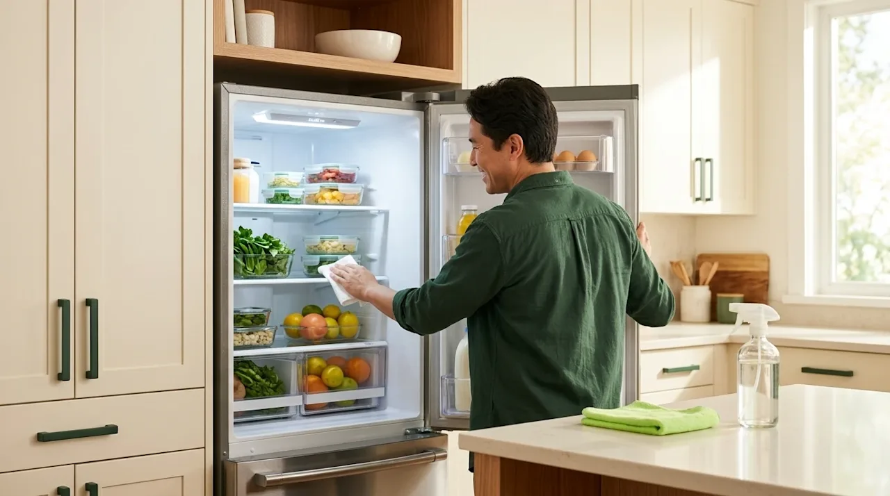 Professional marketing photography of a bright, warm, and inviting modern residential kitchen. A person wearing a casual dark