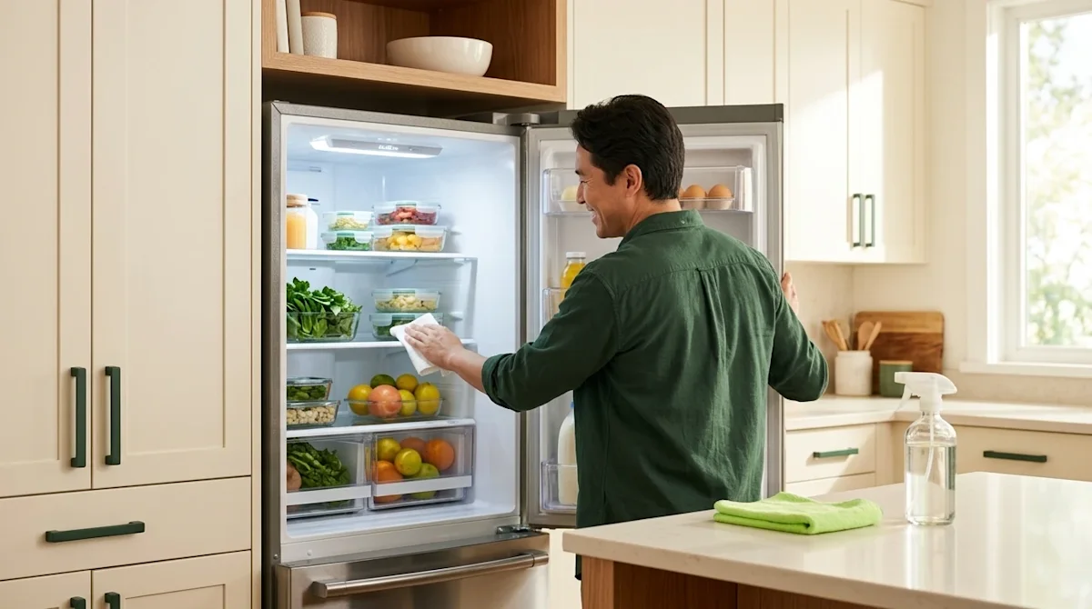 Professional marketing photography of a bright, warm, and inviting modern residential kitchen. A person wearing a casual dark