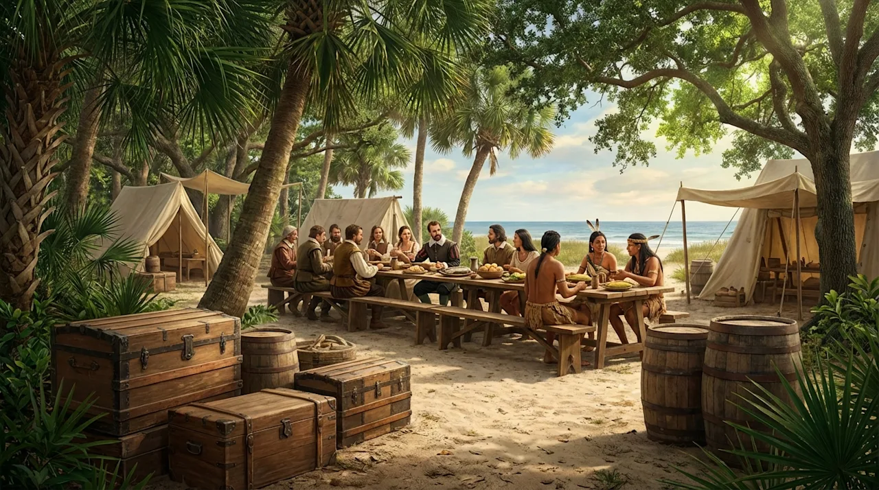 1565 St. Augustine First Thanksgiving illustration with Spanish settlers, Timucua people, and historical travel chests.