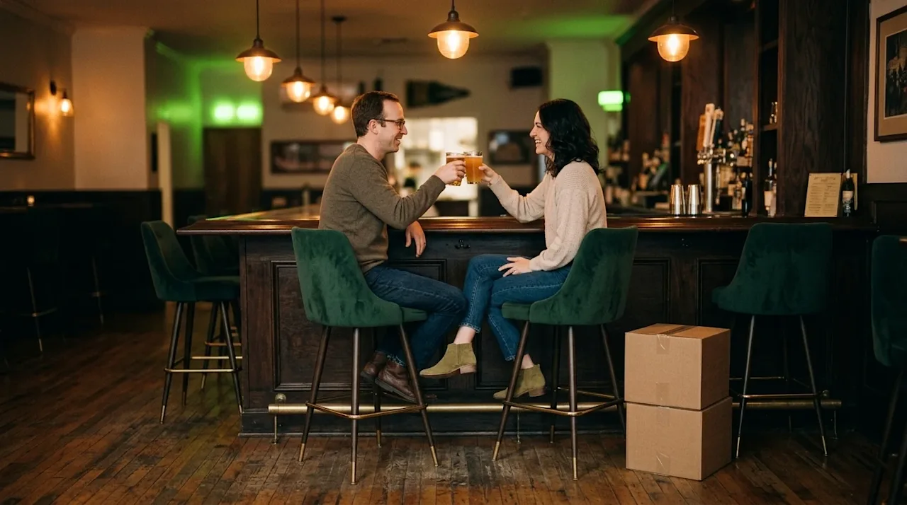 A high-quality lifestyle photograph of a couple celebrating a successful move at a cozy, welcoming local bar. The couple is h
