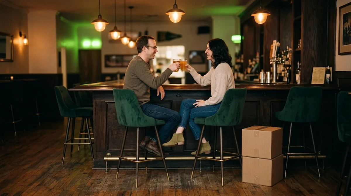 A high-quality lifestyle photograph of a couple celebrating a successful move at a cozy, welcoming local bar. The couple is h