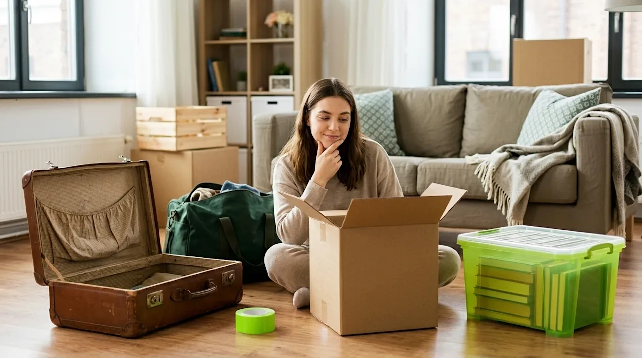 A high-quality lifestyle photograph of a person sitting on the floor of a sunlit, cozy living room, surrounded by various mov
