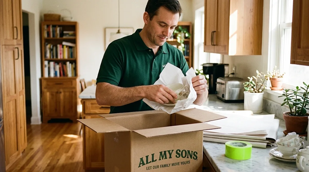 Candid documentary-style photography of a professional mover expertly packing belongings inside a warmly lit, welcoming home.
