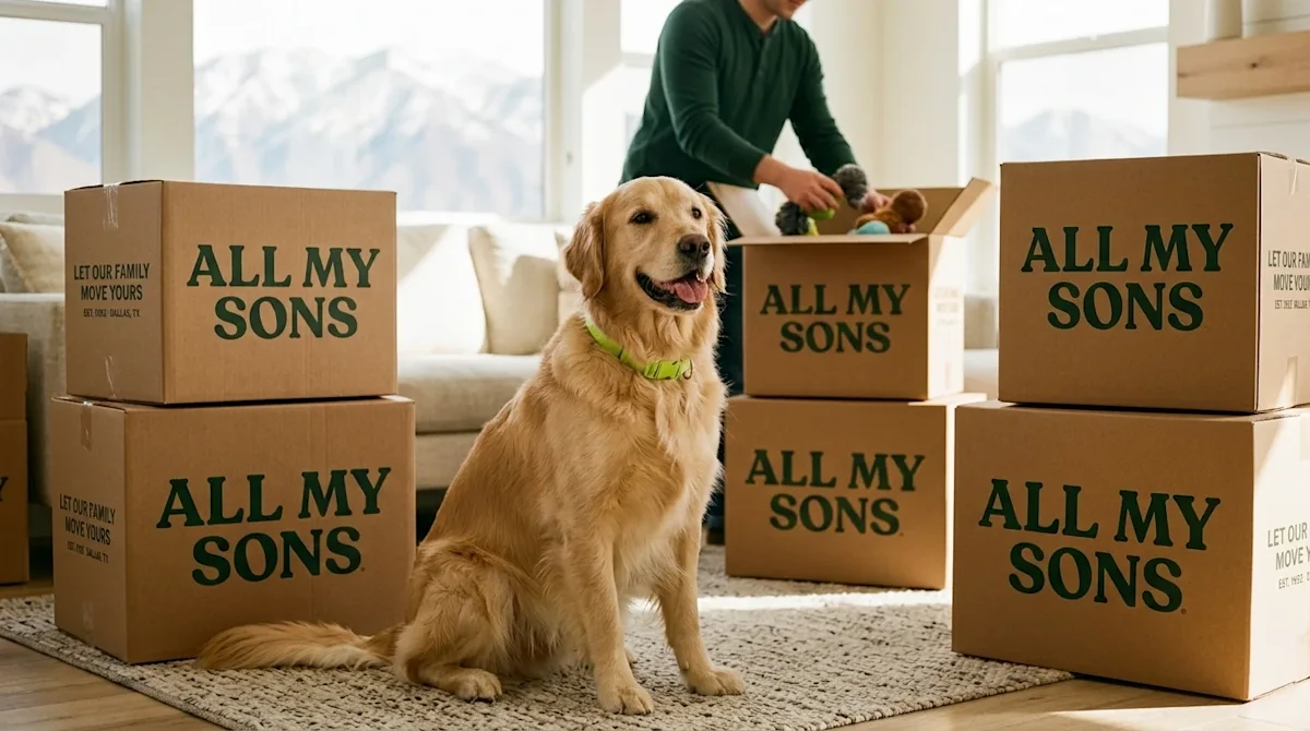 Candid lifestyle photography, shot on 35mm film with a warm, nostalgic, and authentic aesthetic. A happy, relaxed Golden Retr