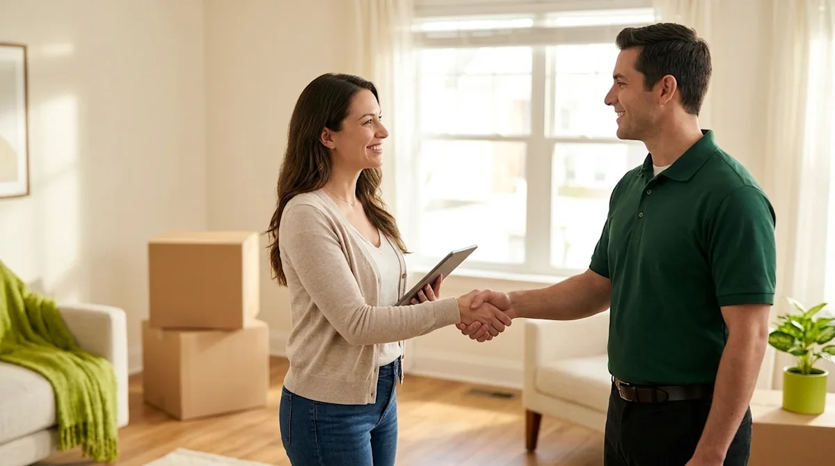 Clear and professional lifestyle marketing photography of a smiling homeowner shaking hands with a friendly, professional mov