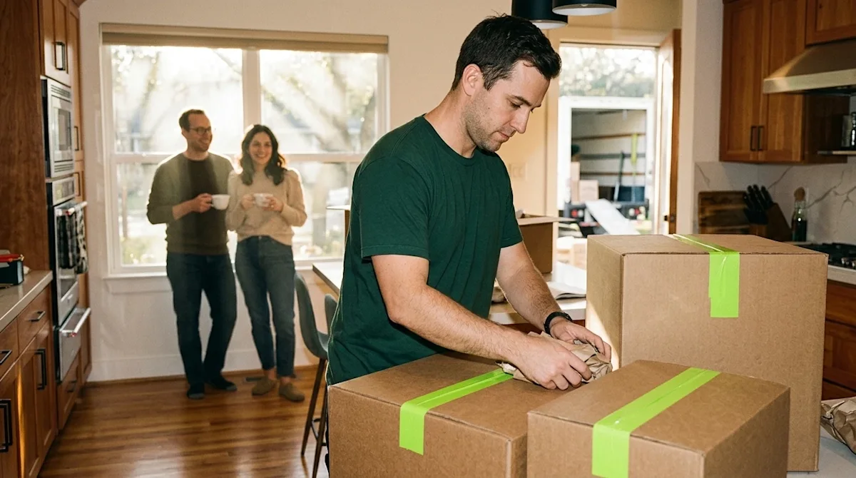 Candid 35mm film photography of a stress-free moving day inside a sunlit, welcoming Houston home. A professional mover wearin