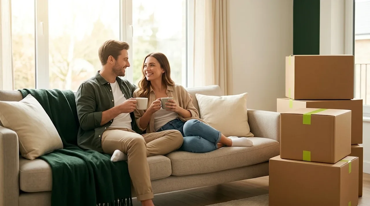 Professional marketing photography of a happy, relaxed young couple taking a break on a comfortable modern sofa in a bright,