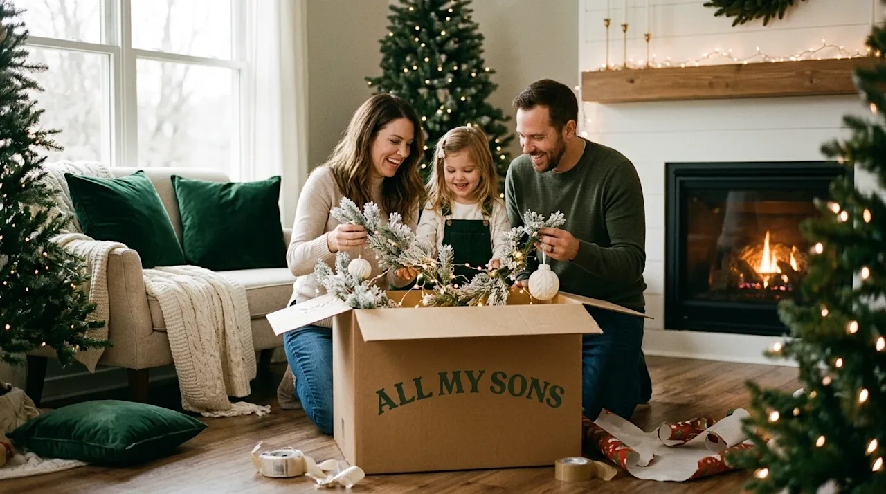 A candid, warm lifestyle photograph of a cozy living room being transformed into a magical winter wonderland. A family is hap