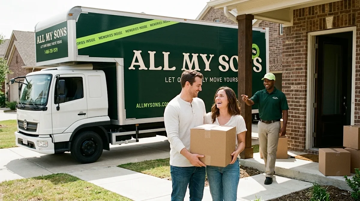 Candid lifestyle photography of a relaxed, smiling couple standing comfortably on the front walkway of their new suburban hom