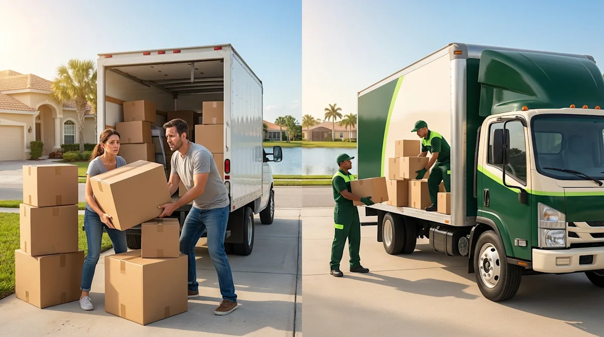 Split image comparing stressful DIY moving to professional movers in Florida with green uniforms and sleek trucks.