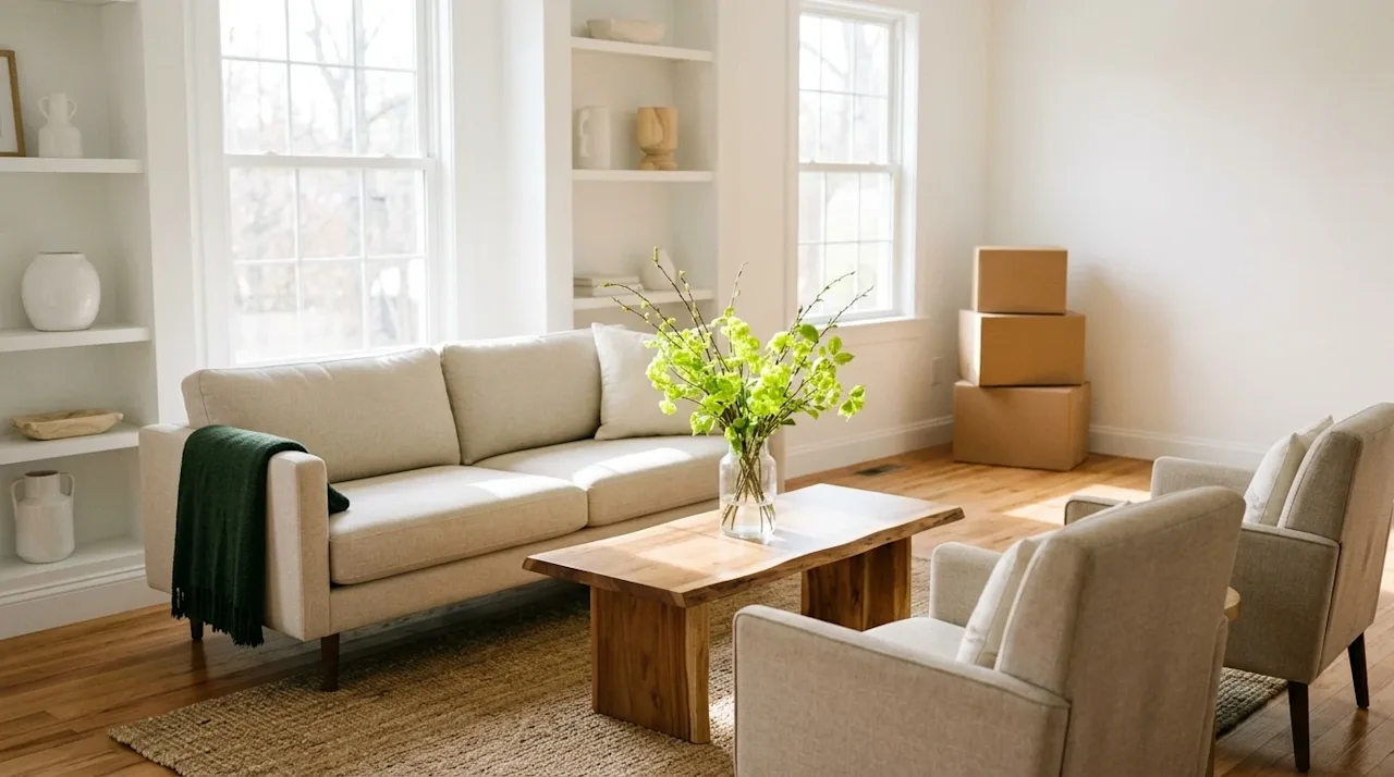 High-end interior photography of a bright, beautifully staged living room perfectly prepared for an open house. The space is