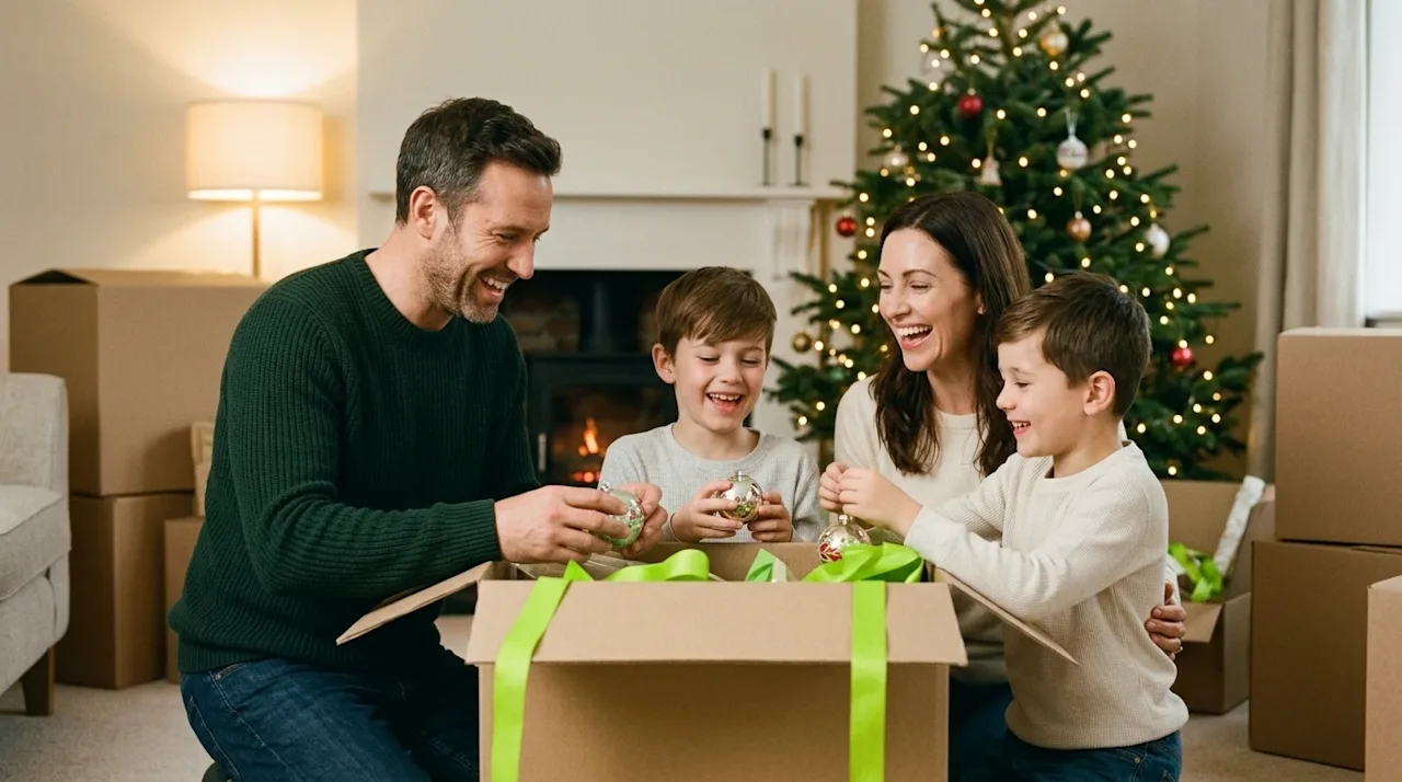 A candid heartwarming 35mm film photograph of a happy family unpacking traditional Christmas ornaments from a plain kraft bro