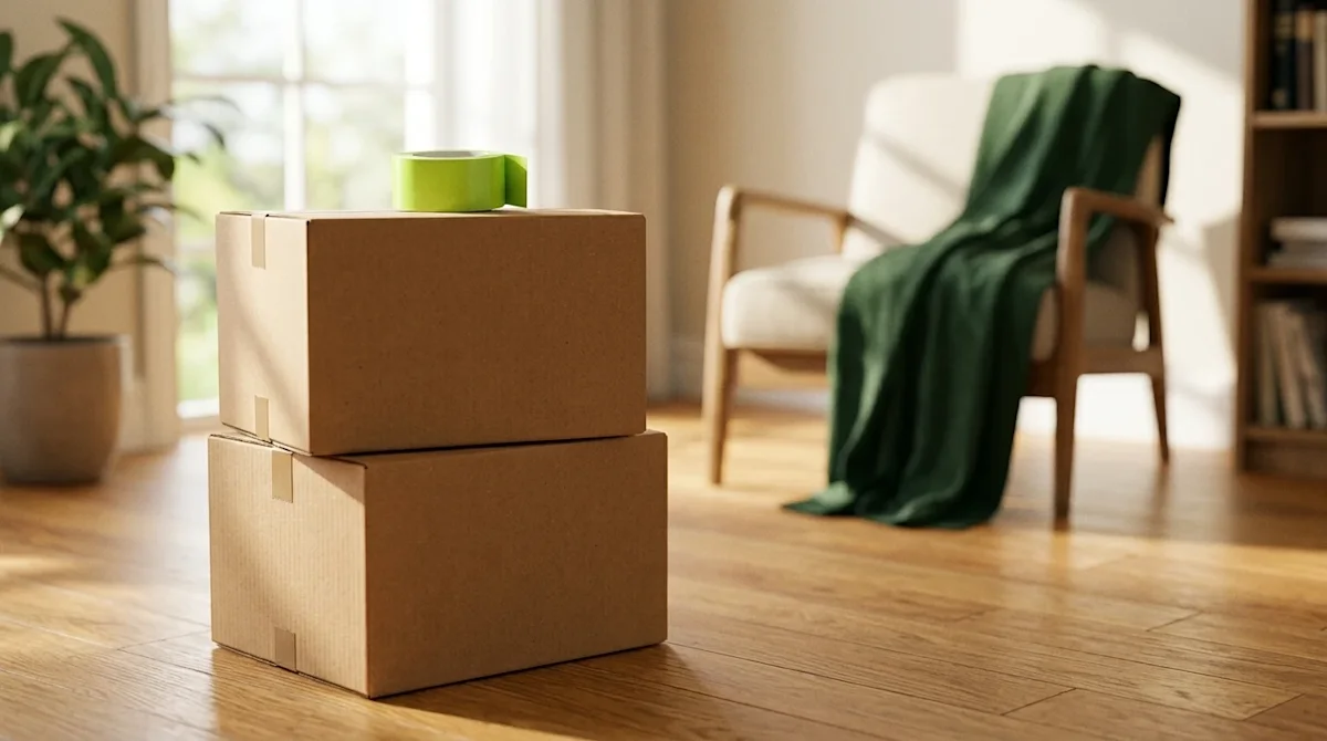 Professional marketing lifestyle photography of two crisp, sturdy brown cardboard moving boxes neatly stacked on a warm oak h